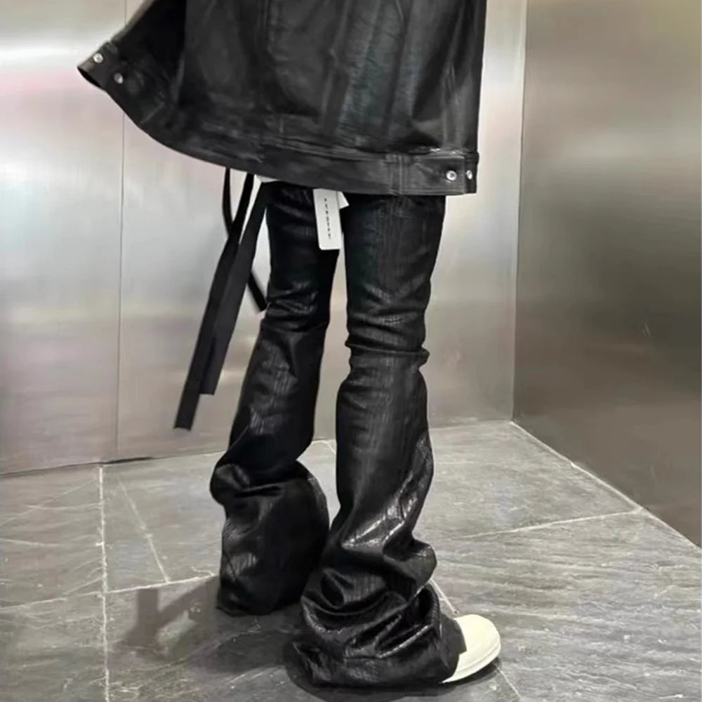 Streetwear Black Wax Leather Strecth Jeans for Men Ropa Hombre Baggy Y2K Flare Pants Oversized Straight Denim Trousers
