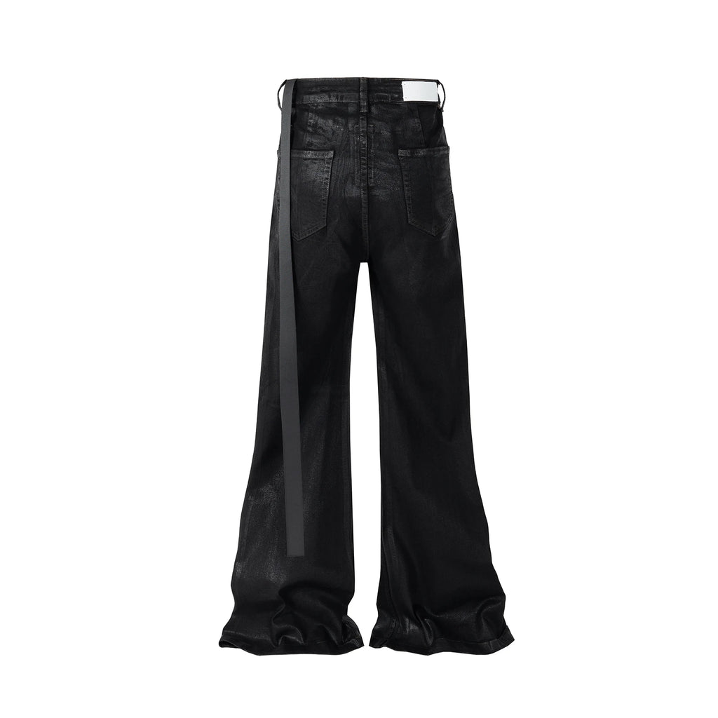 Streetwear Black Wax Leather Strecth Jeans for Men Ropa Hombre Baggy Y2K Flare Pants Oversized Straight Denim Trousers