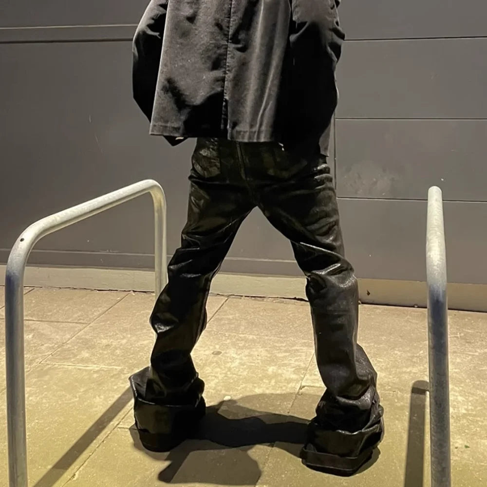 Streetwear Black Wax Leather Strecth Jeans for Men Ropa Hombre Baggy Y2K Flare Pants Oversized Straight Denim Trousers